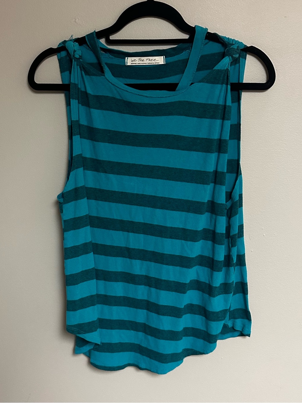 Free People Teal and Dark Teal Striped Knot-Shoulder Tank Blue